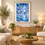 Framed a glowing ice palace beneath northern lights reflected across a frozen lake diamond painting displayed as home decor