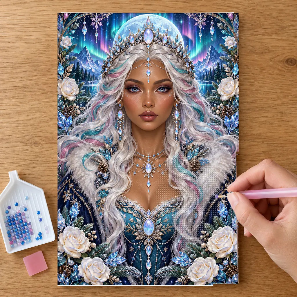 Hands placing drills on the Aurora Opal Oracle diamond painting canvas