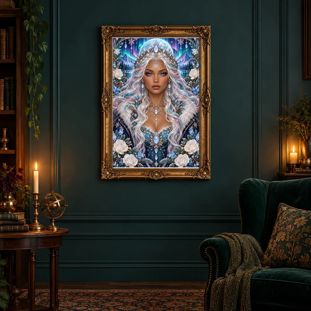 Framed Aurora Opal Oracle diamond painting displayed in a home interior