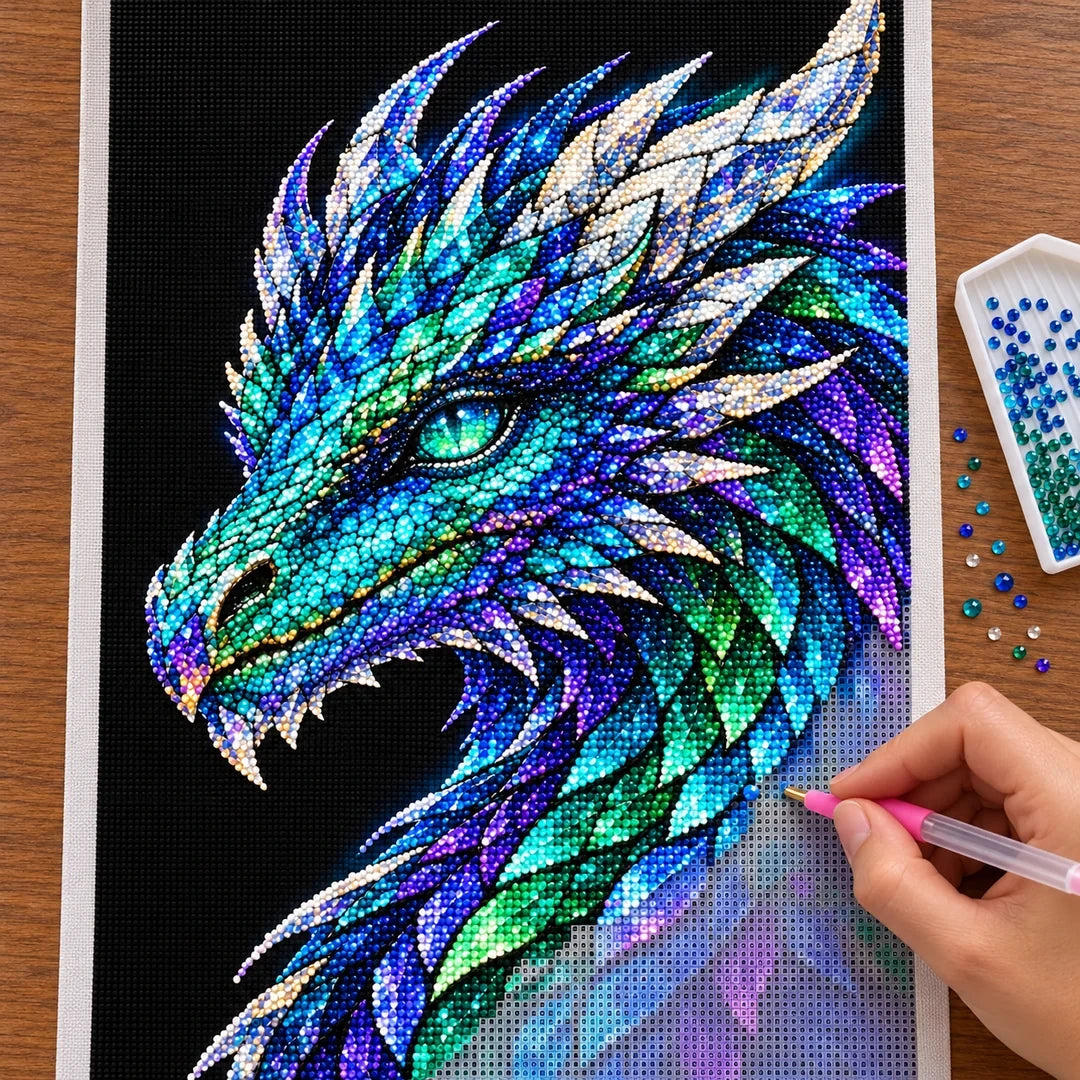 Aurora Prism Mosaic Dragon diamond painting process with pen and tray