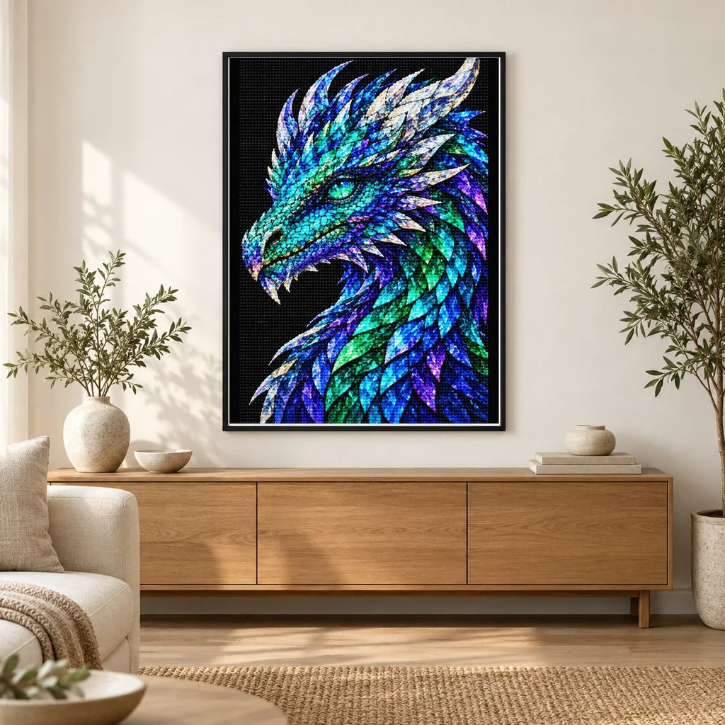 Aurora Prism Mosaic Dragon finished diamond painting in a home interior
