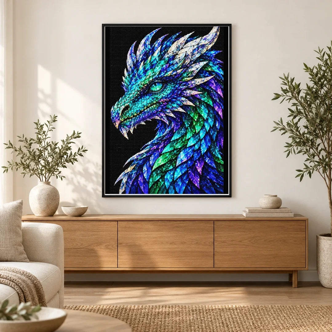 Aurora Prism Mosaic Dragon finished diamond painting in a home interior