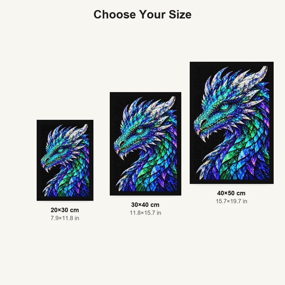 Aurora Prism Mosaic Dragon 20 by 30, 30 by 40, and 40 by 50 centimeter size guide