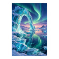 Original white-background artwork of an ice arch beneath the aurora over a frozen bay