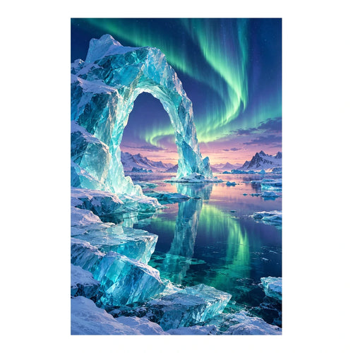 Original white-background artwork of an ice arch beneath the aurora over a frozen bay