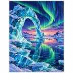 Finished diamond painting of a sculpted ice arch and aurora over a frozen bay