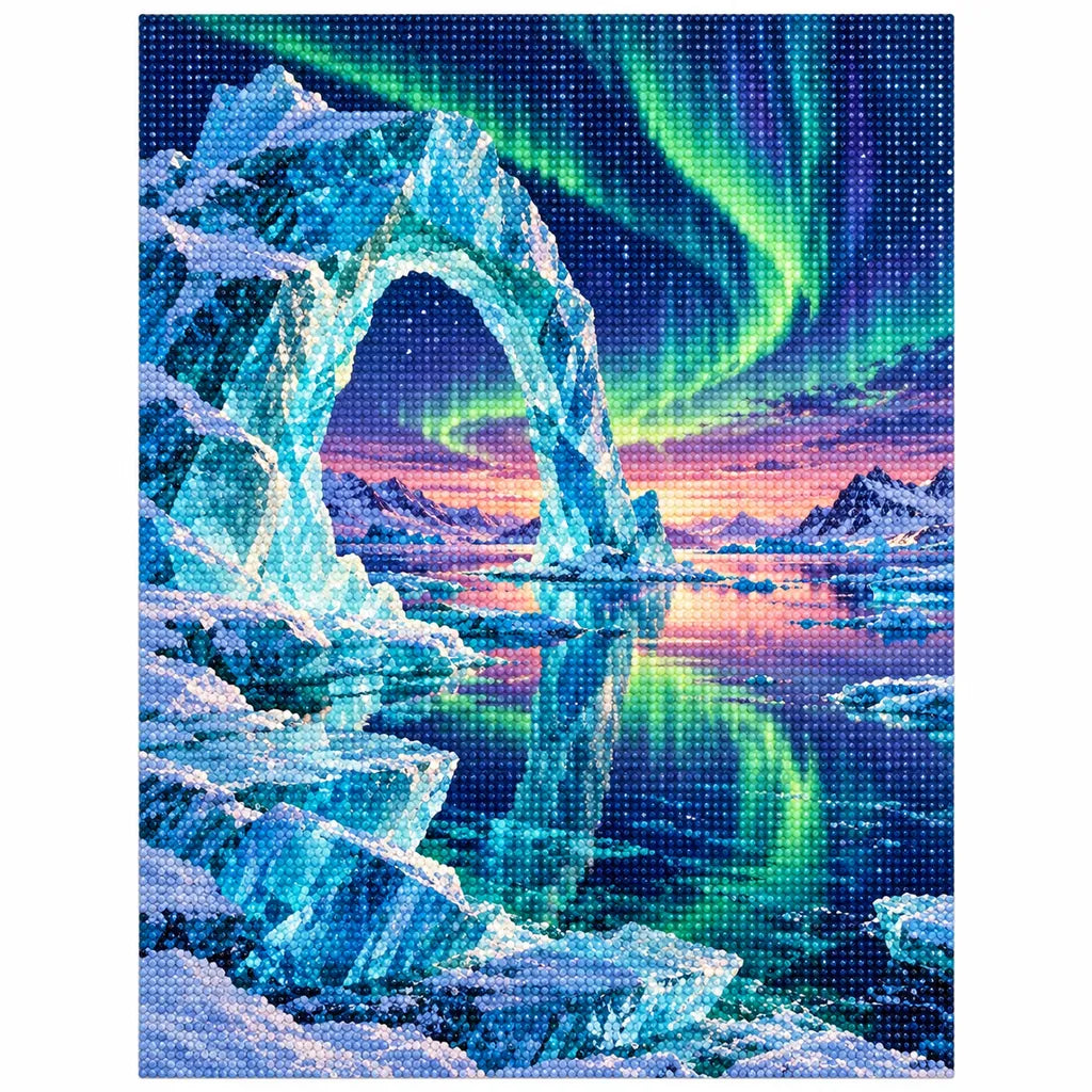 Finished diamond painting of a sculpted ice arch and aurora over a frozen bay