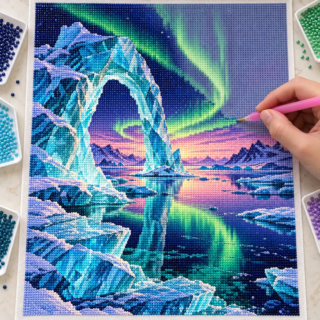 Hands placing drills on the aurora sculpted ice bay diamond painting canvas