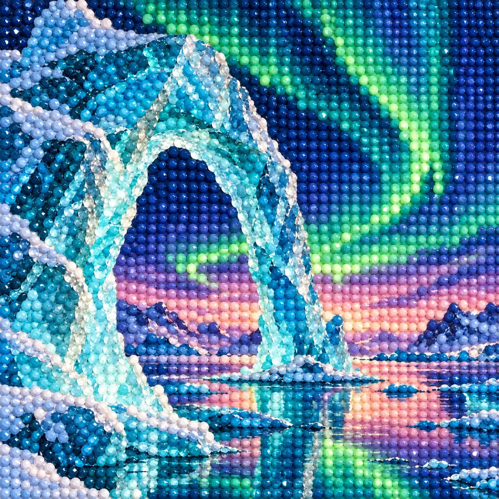 Close-up of sparkling drills on the ice arch and northern lights