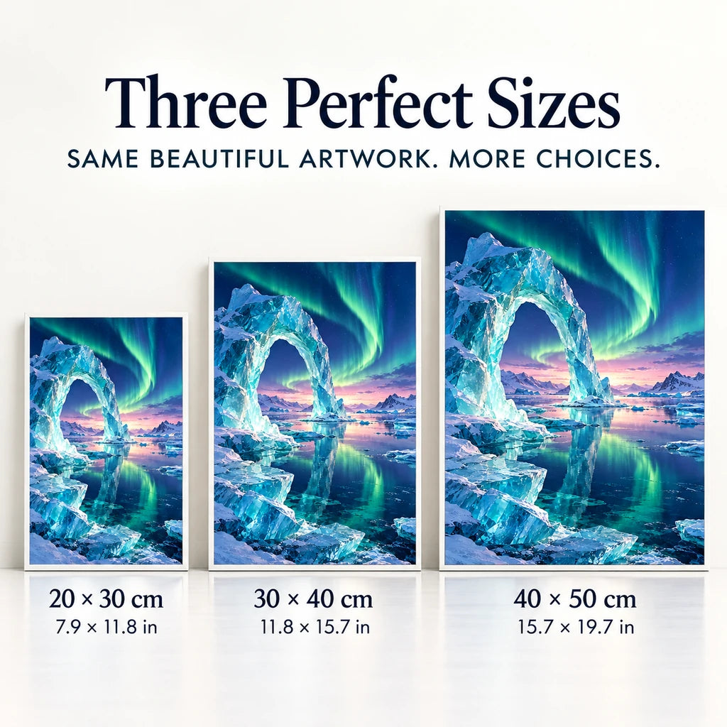 Aurora sculpted ice bay diamond painting in 20 by 30, 30 by 40, and 40 by 50 centimeter sizes