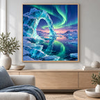 Framed aurora sculpted ice bay diamond painting displayed in a home interior