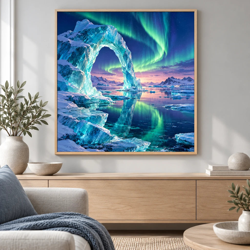 Framed aurora sculpted ice bay diamond painting displayed in a home interior