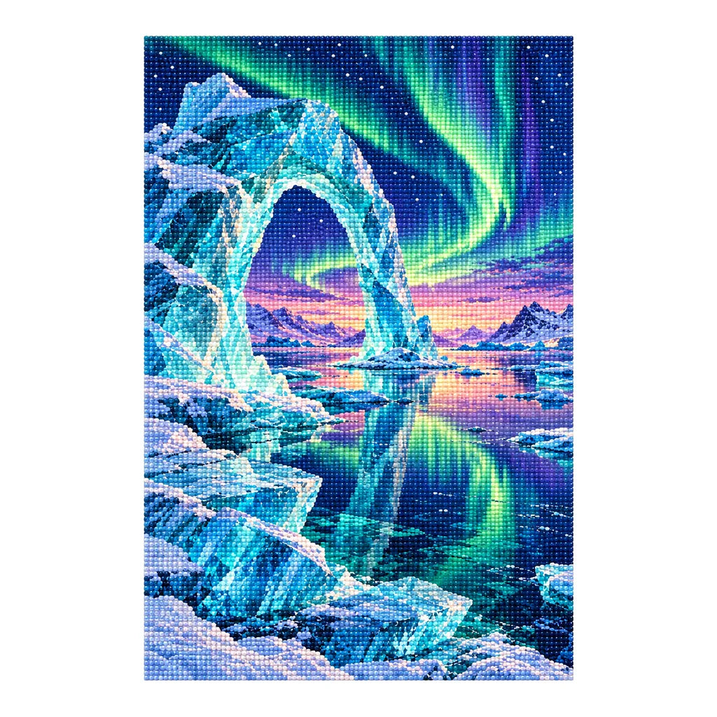 Finished diamond painting of a sculpted ice arch and aurora over a frozen bay