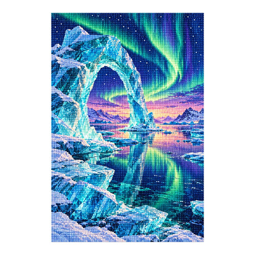 Finished diamond painting of a sculpted ice arch and aurora over a frozen bay