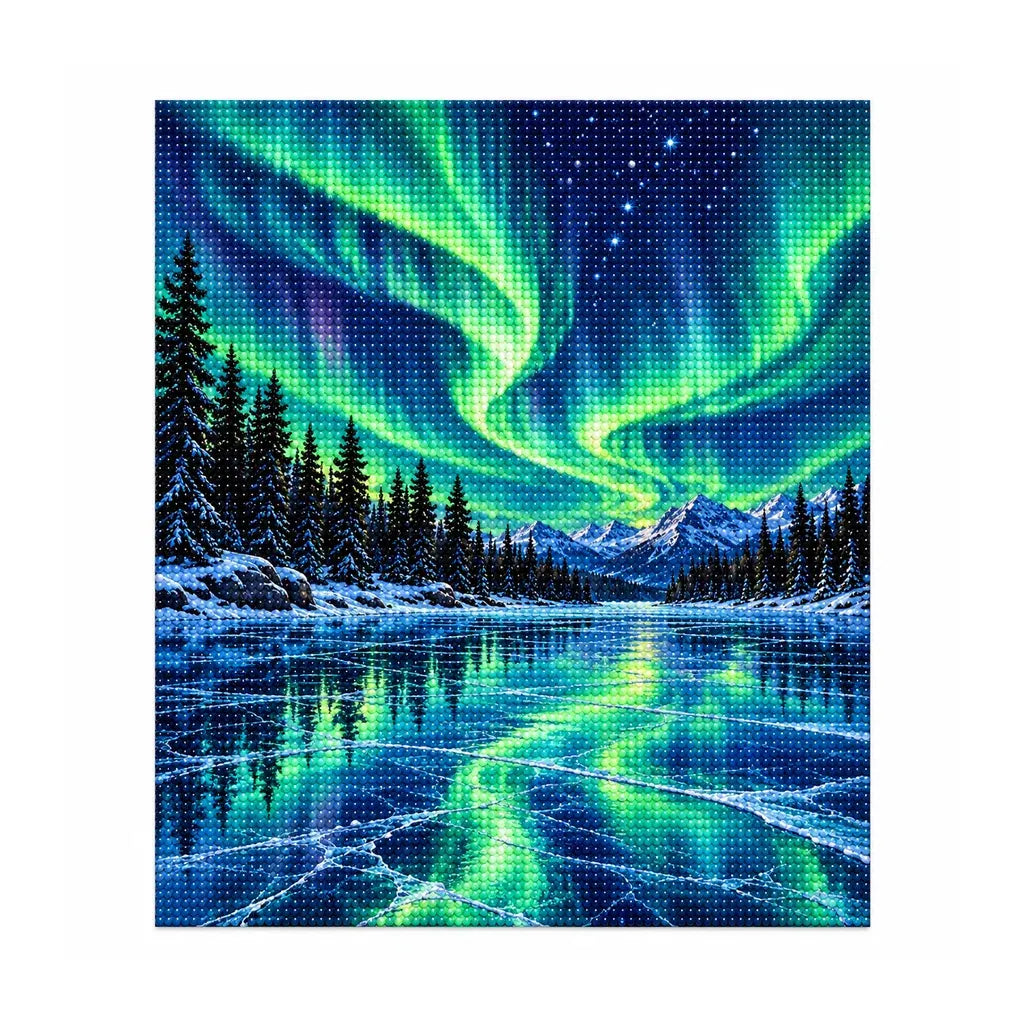 White-background finished diamond painting of Aurora Spruce Forest.