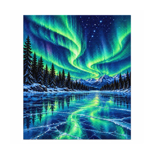 White-background finished diamond painting of Aurora Spruce Forest.