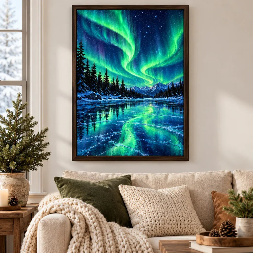 Framed Aurora Spruce Forest diamond painting displayed as home decor.