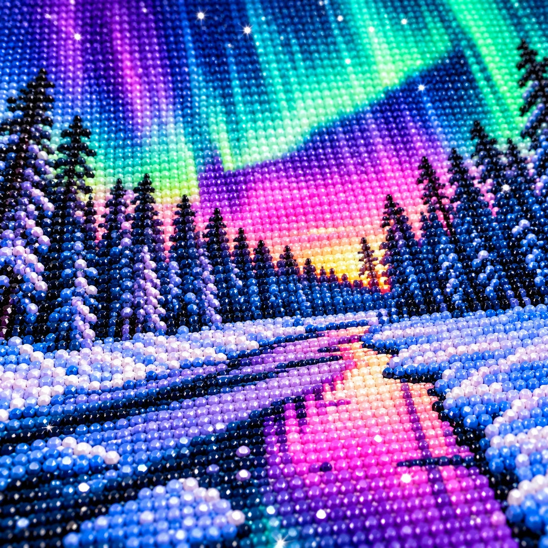 Aurora Winter Lake Diamond Painting Kit diamond painting drills and canvas detail