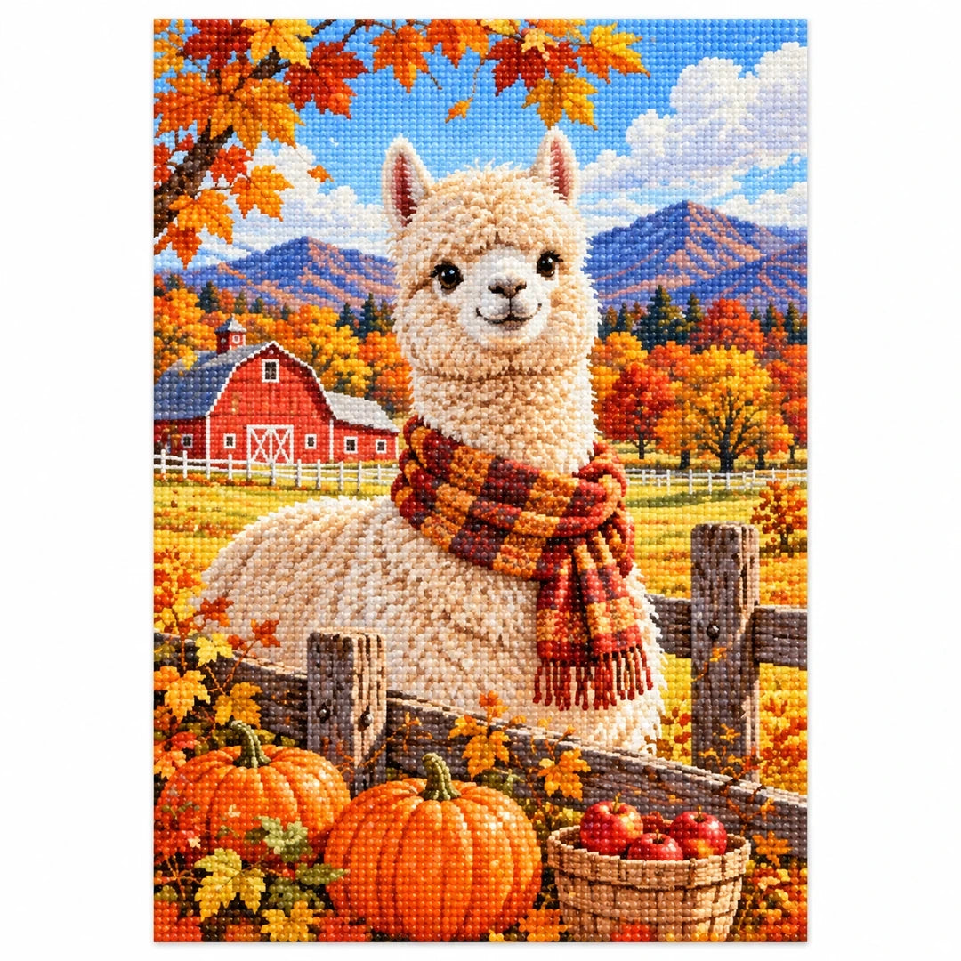 Autumn Alpaca Farm Diamond Painting Kit finished diamond artwork on white background