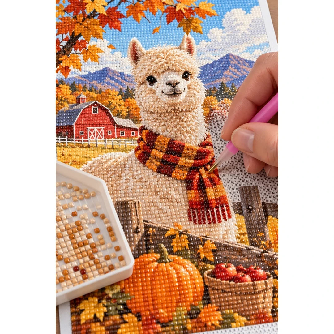 Autumn Alpaca Farm Diamond Painting Kit diamond placement process