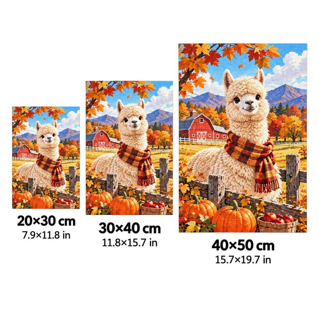 Autumn Alpaca Farm Diamond Painting Kit size guide