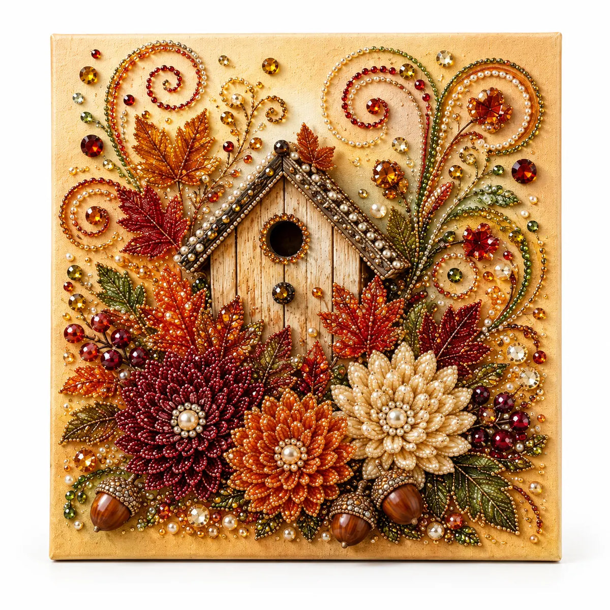Autumn Birdhouse and Flowers Pearl Diamond Painting Kit hero image