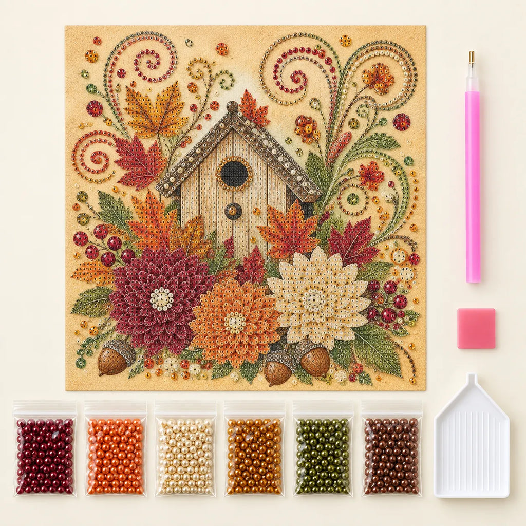 Autumn Birdhouse and Flowers Pearl Diamond Painting Kit kit image