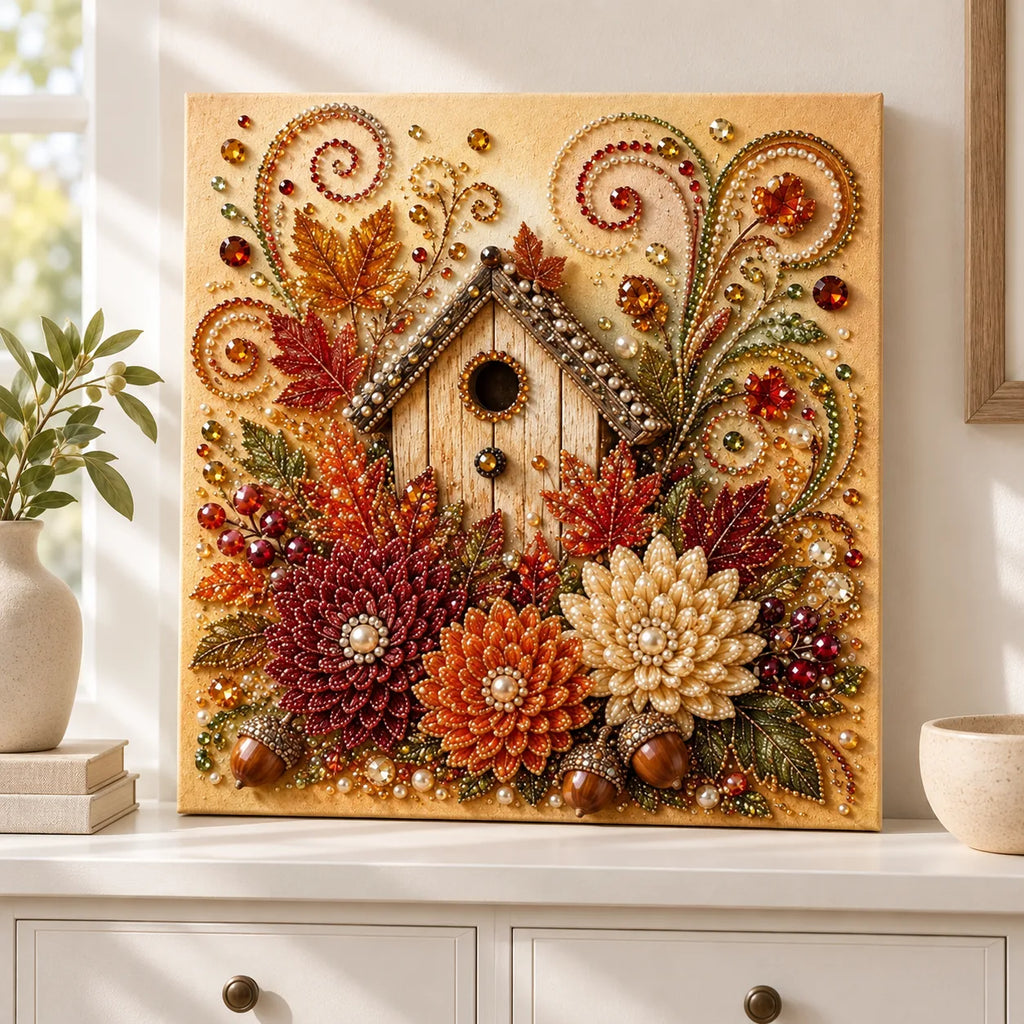 Autumn Birdhouse and Flowers Pearl Diamond Painting Kit room image