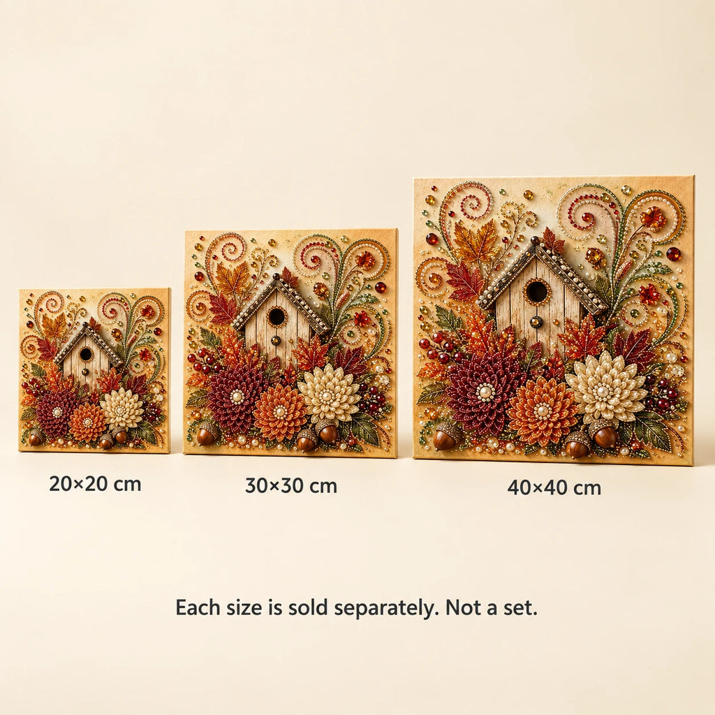 Autumn Birdhouse and Flowers Pearl Diamond Painting Kit size image