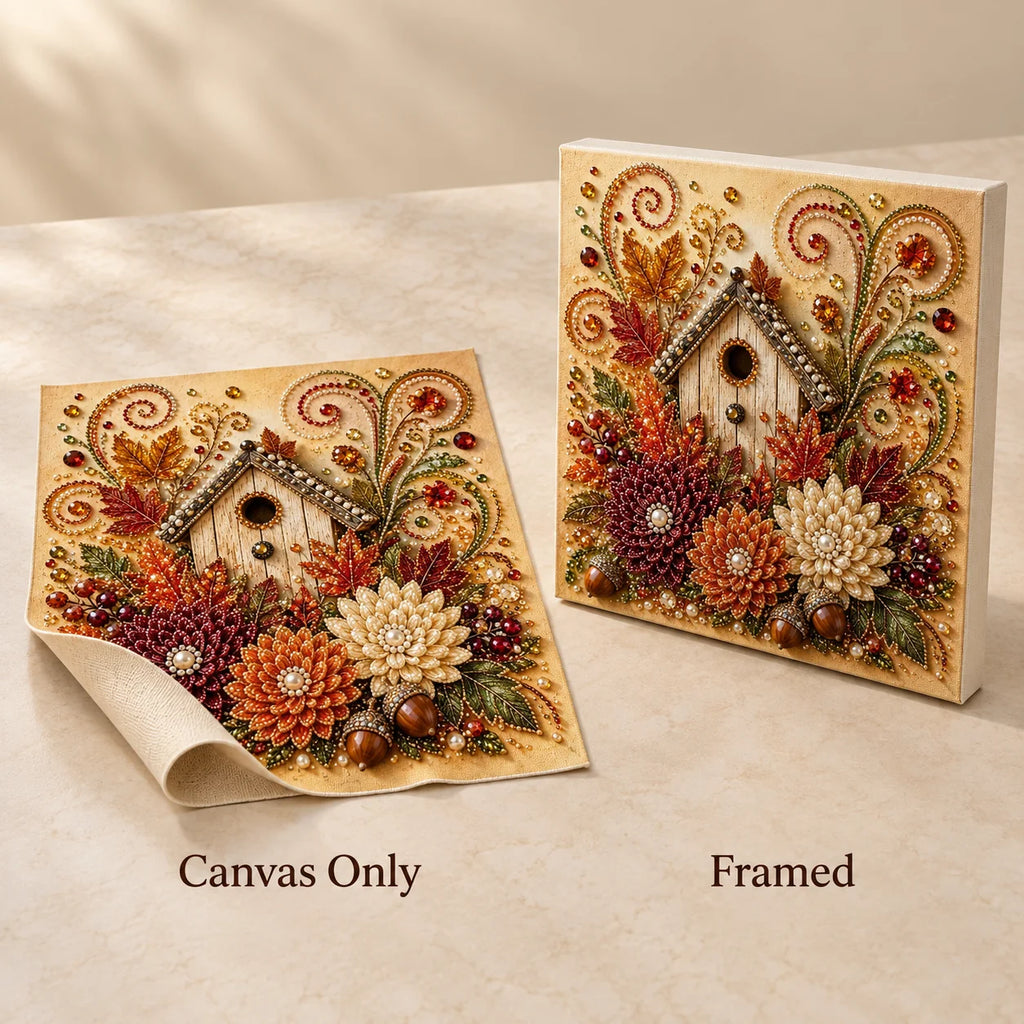 Autumn Birdhouse and Flowers Pearl Diamond Painting Kit style image