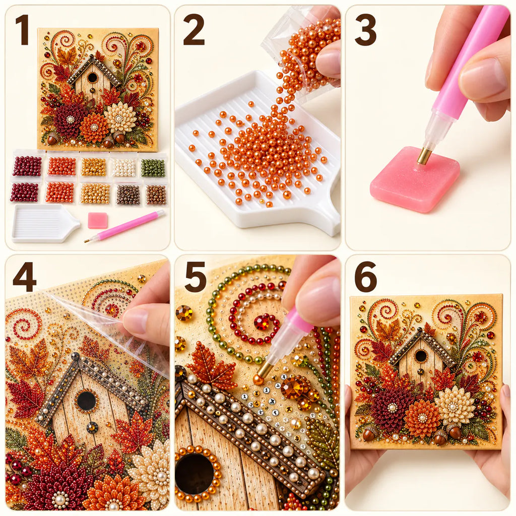Autumn Birdhouse and Flowers Pearl Diamond Painting Kit tutorial image