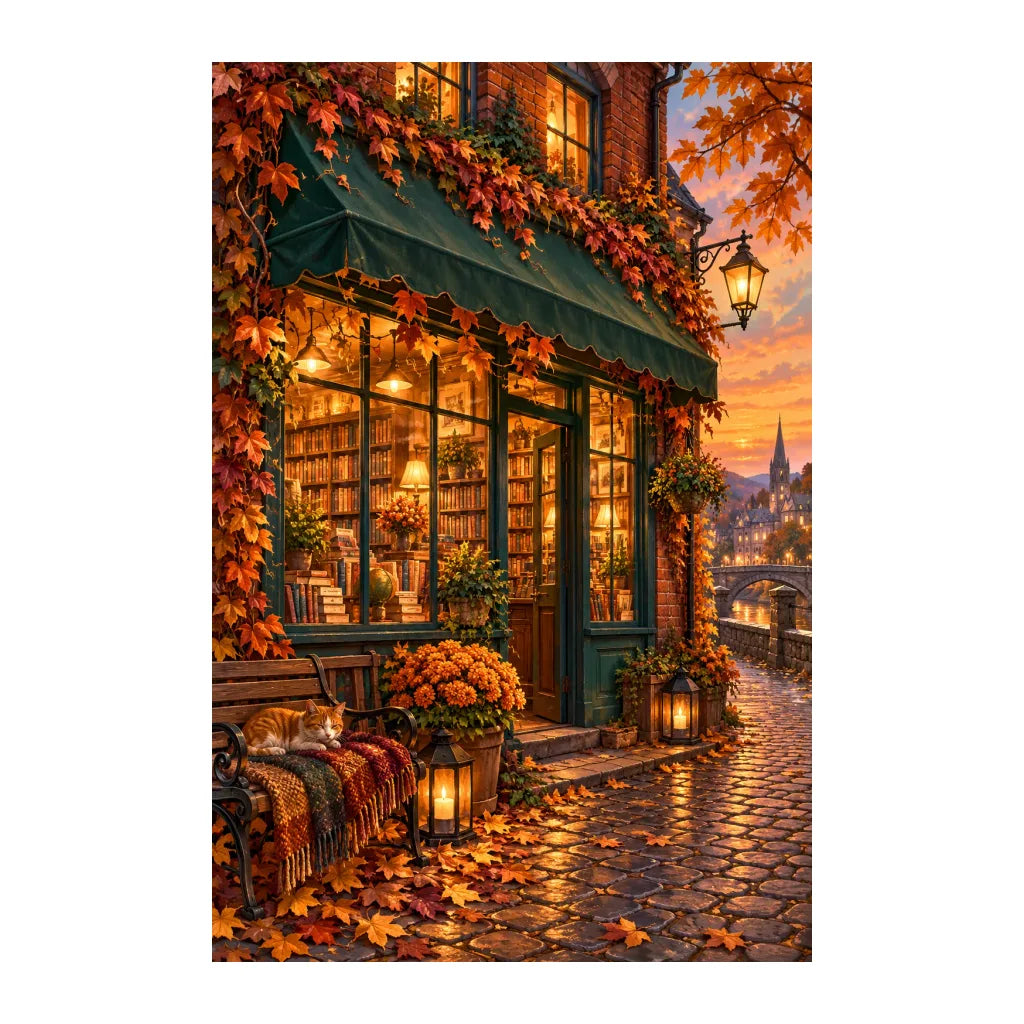 White-background original artwork of autumn bookshop on a leafy street