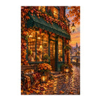 White-background finished diamond painting of autumn bookshop on a leafy street
