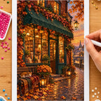 Hands placing drills on the autumn bookshop on a leafy street diamond painting canvas