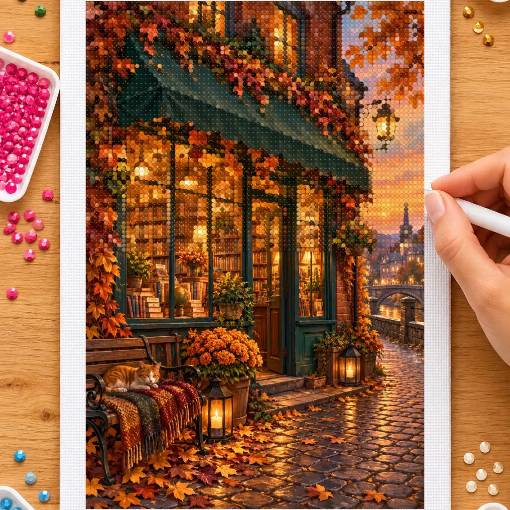 Hands placing drills on the autumn bookshop on a leafy street diamond painting canvas