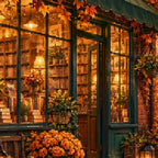 Close-up diamond detail of the autumn bookshop on a leafy street diamond painting