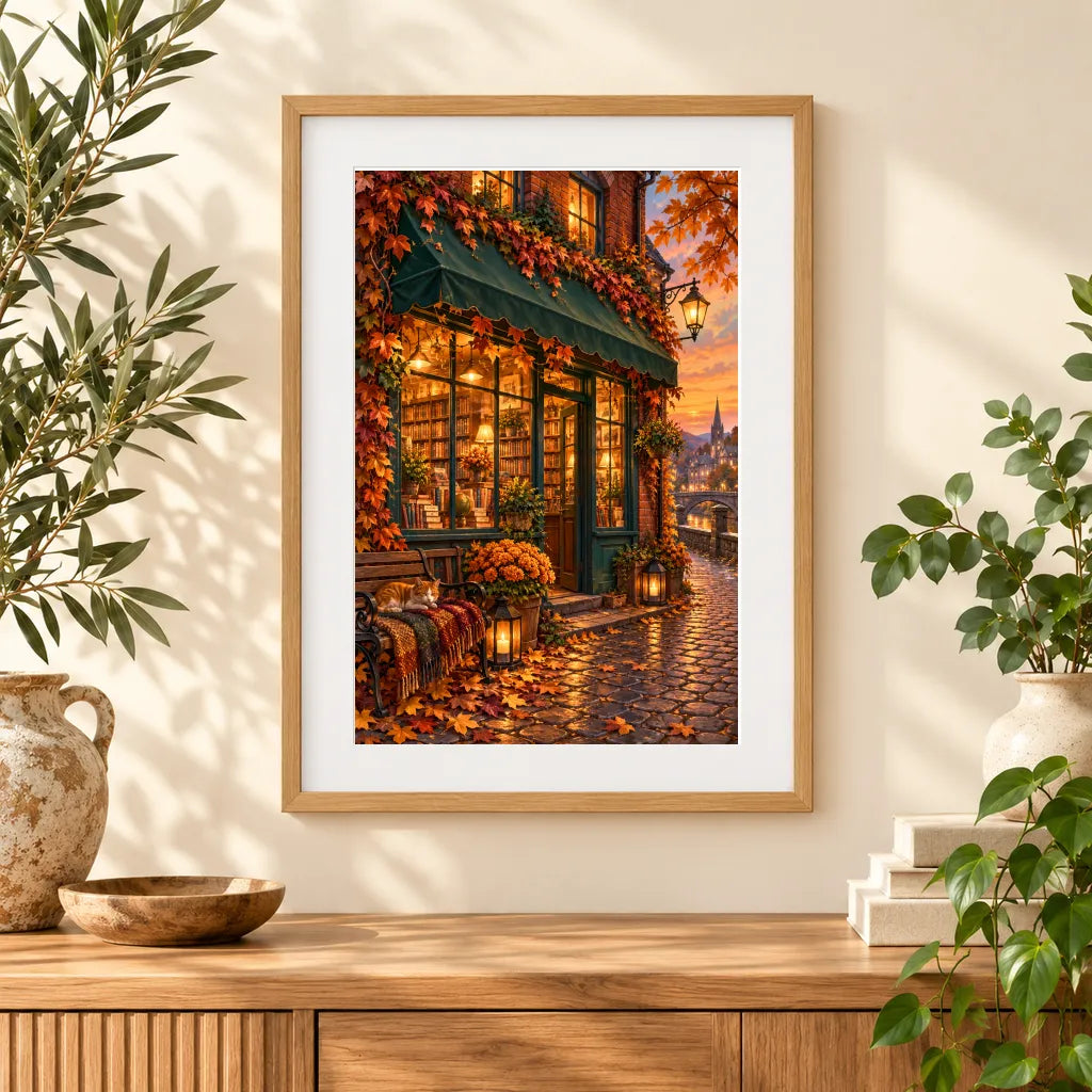 Framed home display of the autumn bookshop on a leafy street diamond painting