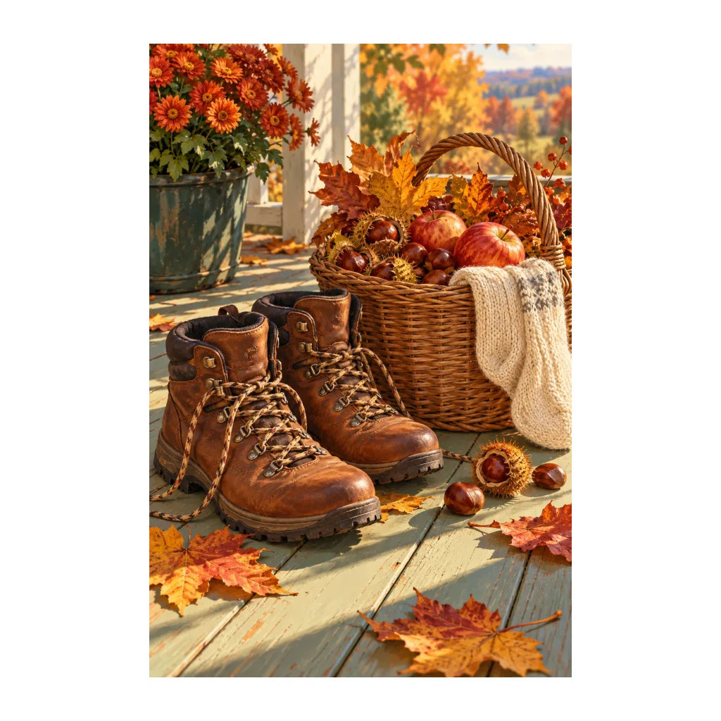 White-background original artwork of autumn boots and chestnut basket