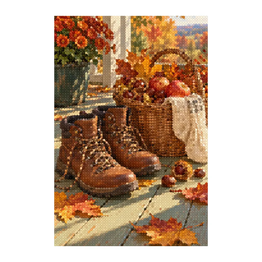 White-background finished diamond painting of autumn boots and chestnut basket