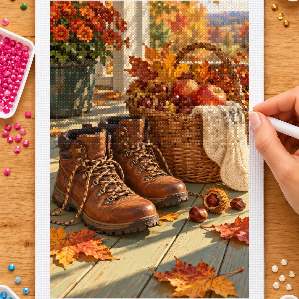 Hands placing drills on the autumn boots and chestnut basket diamond painting canvas