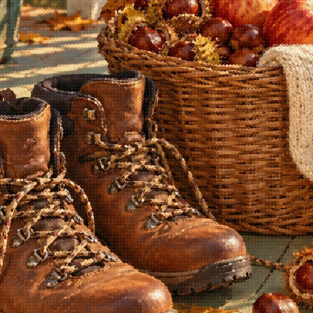 Close-up diamond detail of the autumn boots and chestnut basket diamond painting