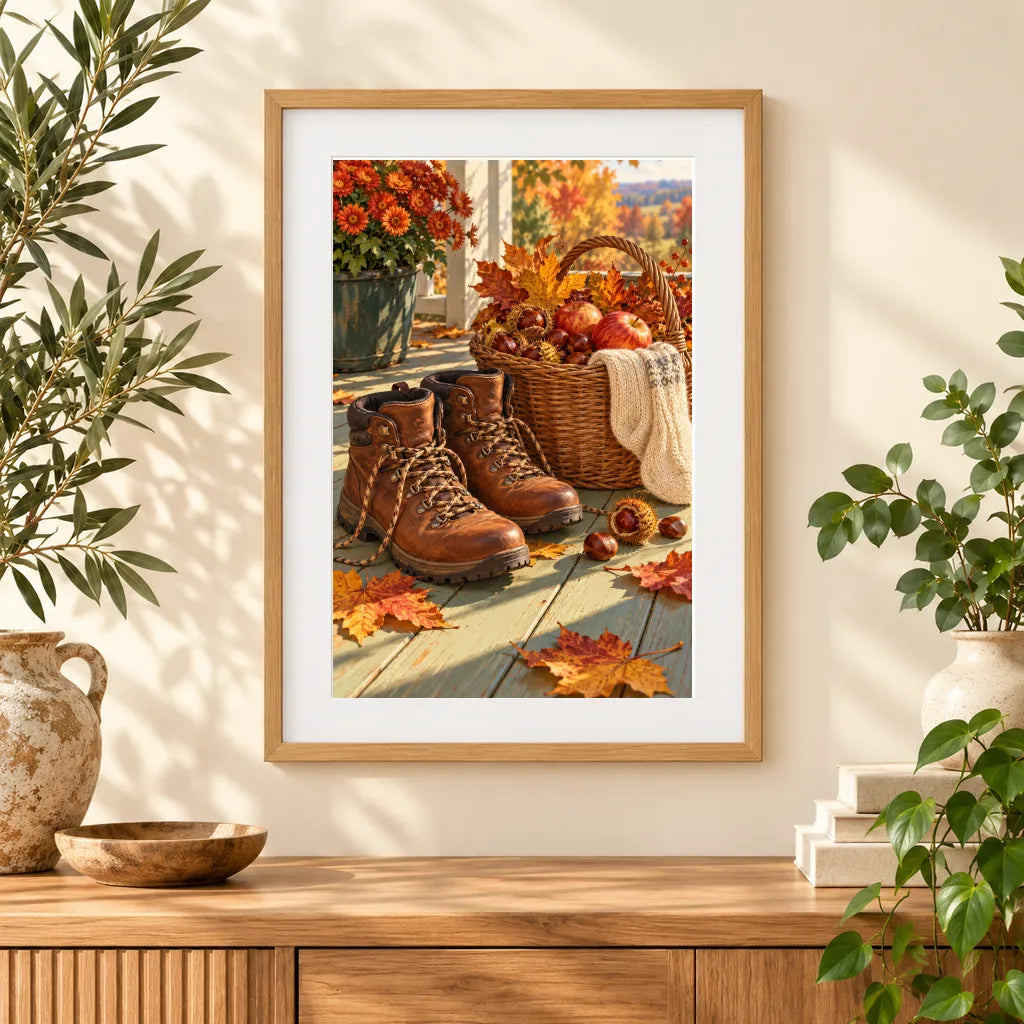 Framed home display of the autumn boots and chestnut basket diamond painting