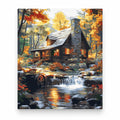 Autumn Cabin by Waterfall paint by numbers artwork on a front-facing canvas against a white background