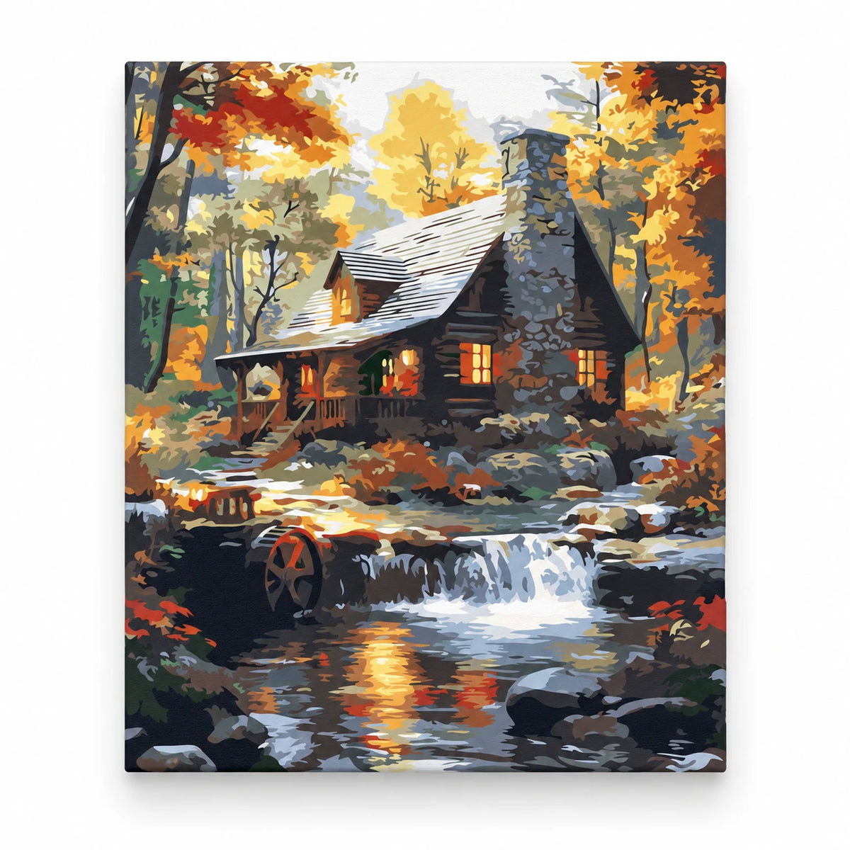 Autumn Cabin by Waterfall paint by numbers artwork on a front-facing canvas against a white background