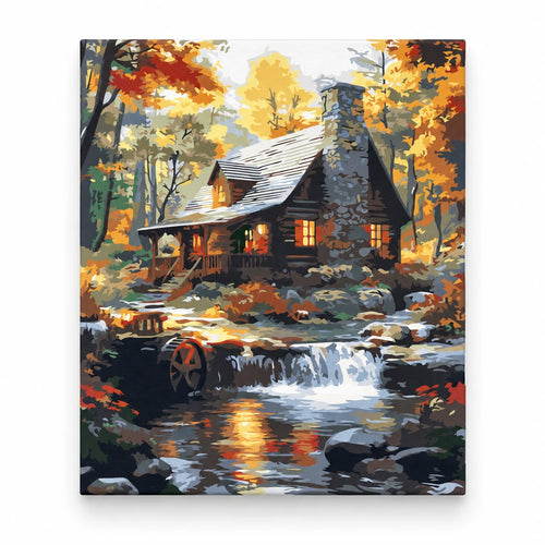 Autumn Cabin by Waterfall paint by numbers artwork on a front-facing canvas against a white background