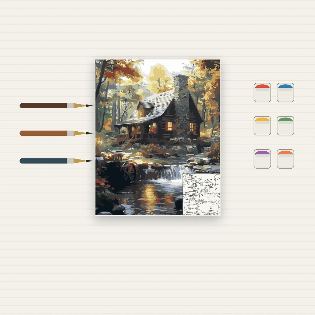 Complete Autumn Cabin by Waterfall numbered canvas being painted with acrylic paints and brushes