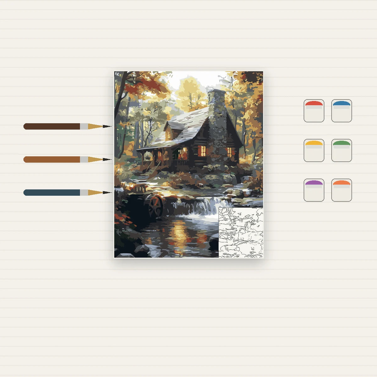 Complete Autumn Cabin by Waterfall numbered canvas being painted with acrylic paints and brushes