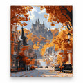 Autumn Castle Street paint by numbers artwork on a front-facing canvas against a white background
