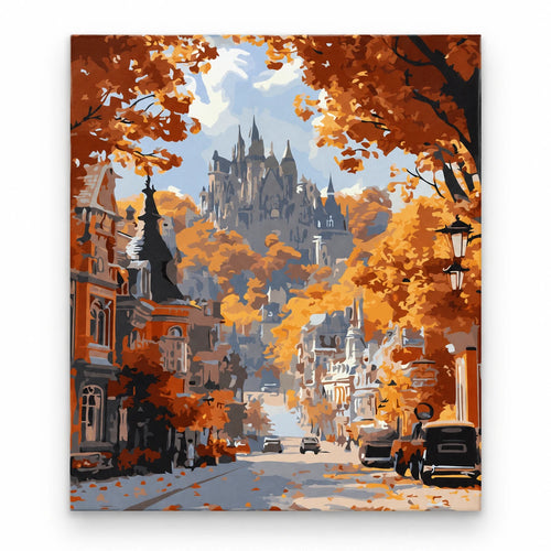 Autumn Castle Street paint by numbers artwork on a front-facing canvas against a white background