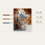 Complete Autumn Castle Street numbered canvas being painted with acrylic paints and brushes